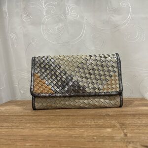 Jasper & Jeera Elegant Woven Clutch - Cream, Silver, Tan